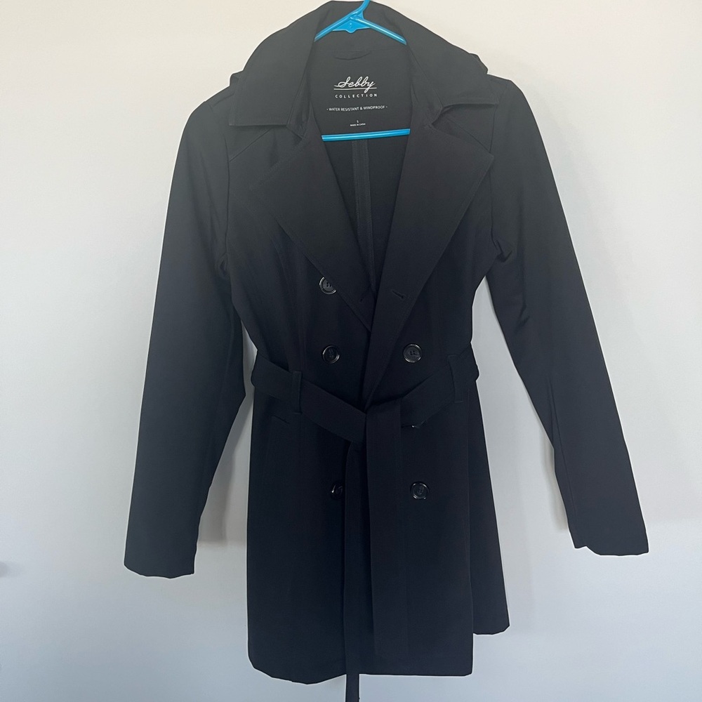 Used Sebby collection black pea coat with hood